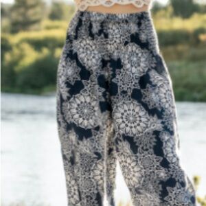 Navy and White Wide-Leg Printed Pants